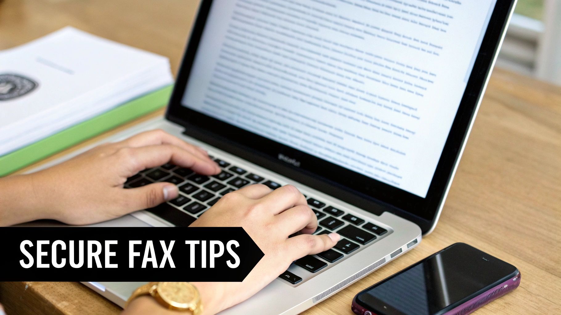 Hands typing on a silver laptop with a smartphone and document stack, featuring 'Secure Fax Tips' banner.