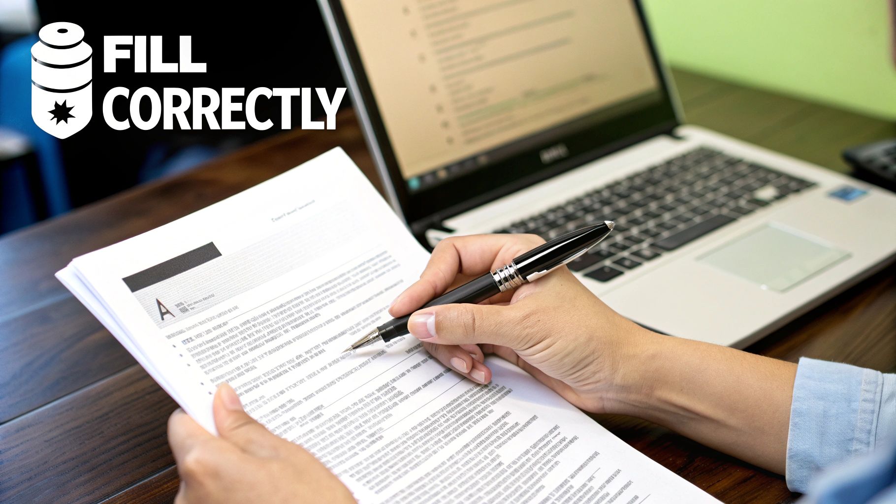 A person's hands holding a pen and filling out a document on a wooden desk with a laptop in the background.