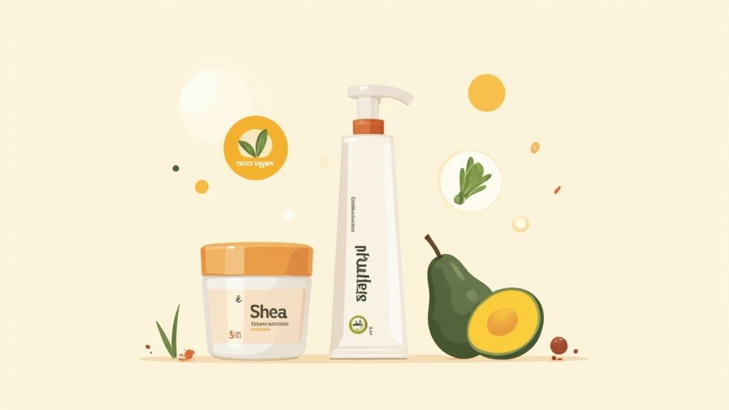 Illustration of natural vegan cosmetic products including shea butter, a pump bottle, avocado, and green botanical ingredients.