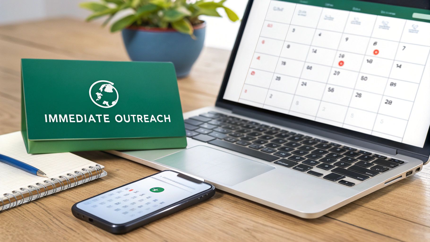 A desk with an 'Immediate Outreach' sign, laptop with a calendar, and mobile phone, symbolizing planning.