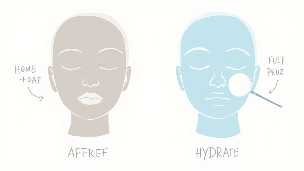 Illustration of two faces: one beige labeled 'AFFRIEF' with 'HOME + OAF', and one blue labeled 'HYDRATE' with an applicator.