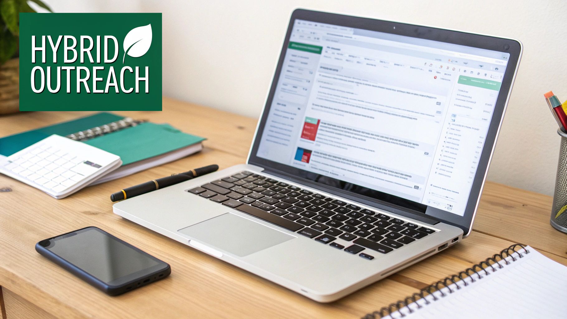 A desk with a laptop showing email, a phone, and notebooks, with a 'HYBRID OUTREACH' sign.