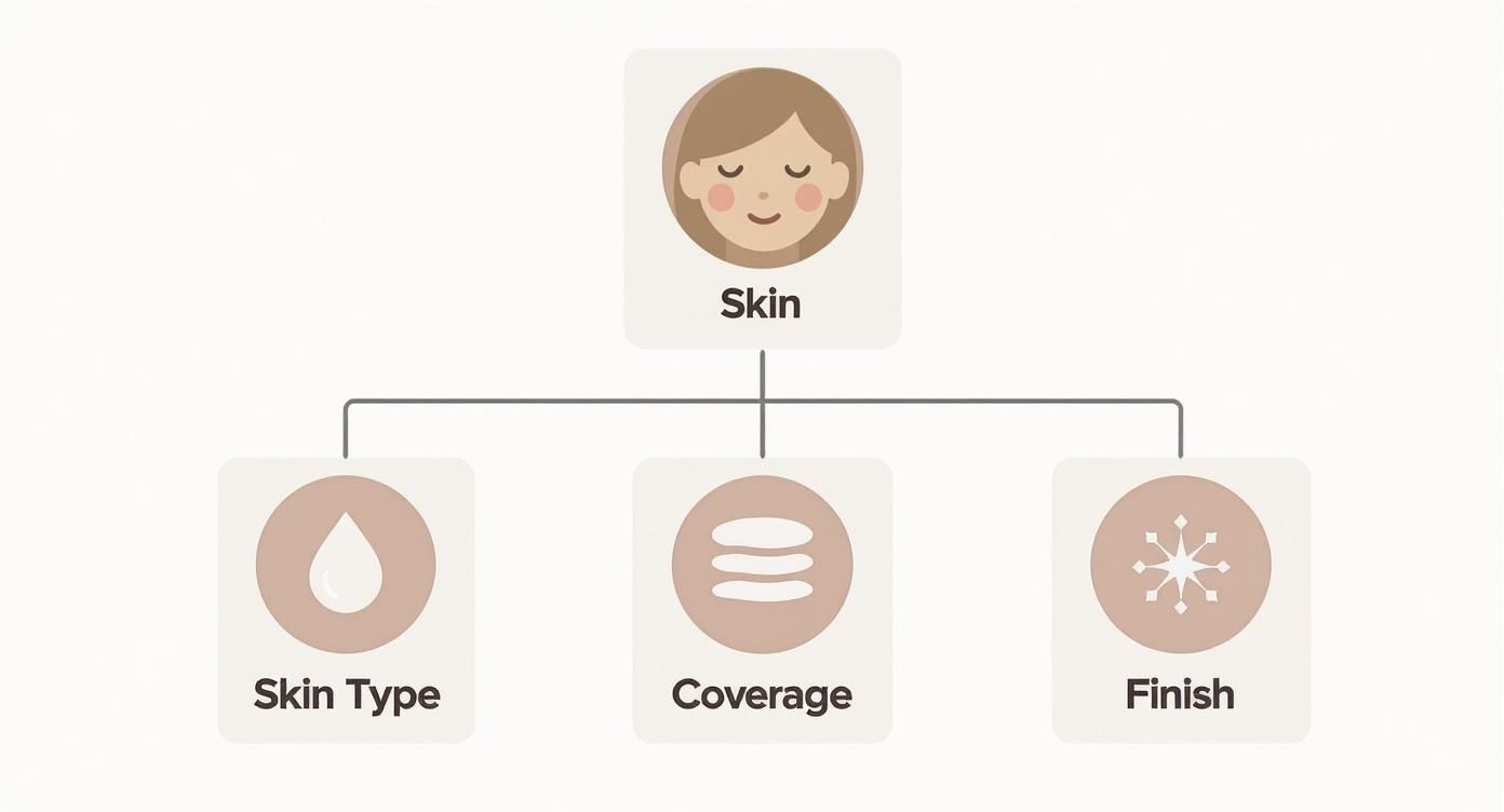 A diagram illustrating 'Skin' branching into 'Skin Type', 'Coverage', and 'Finish' categories.