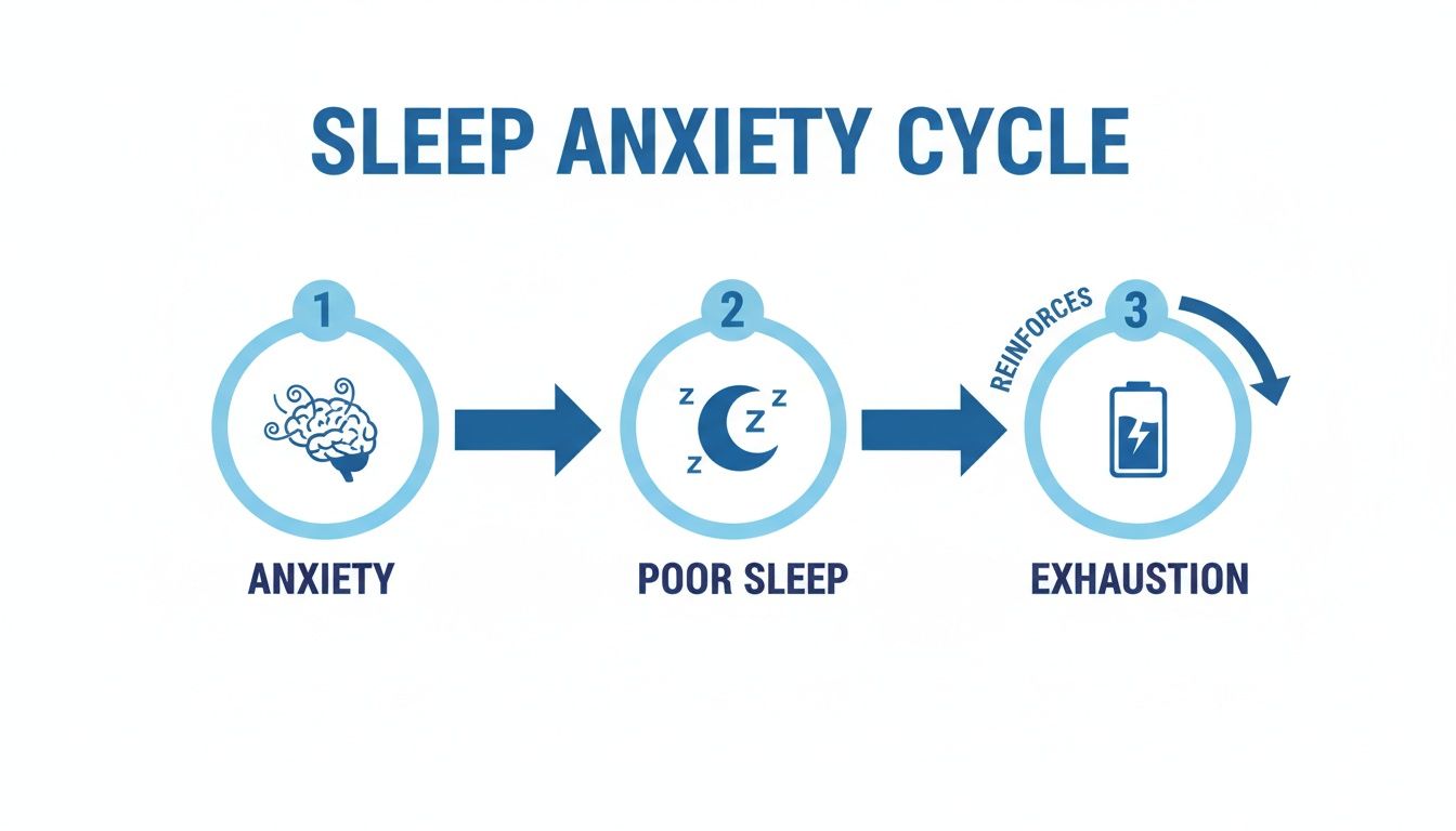 An infographic illustrating the sleep anxiety cycle: anxiety leads to poor sleep, which leads to exhaustion, reinforcing anxiety.