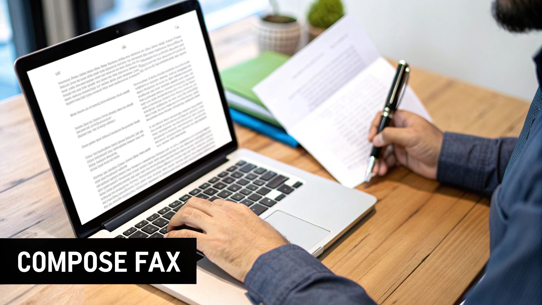 A person is typing on a laptop and holding a pen over a document at a wooden desk.