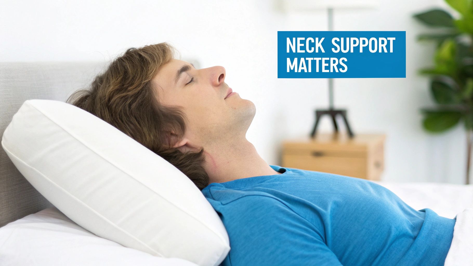 A man sleeps peacefully on his back on a white pillow, emphasizing neck support.