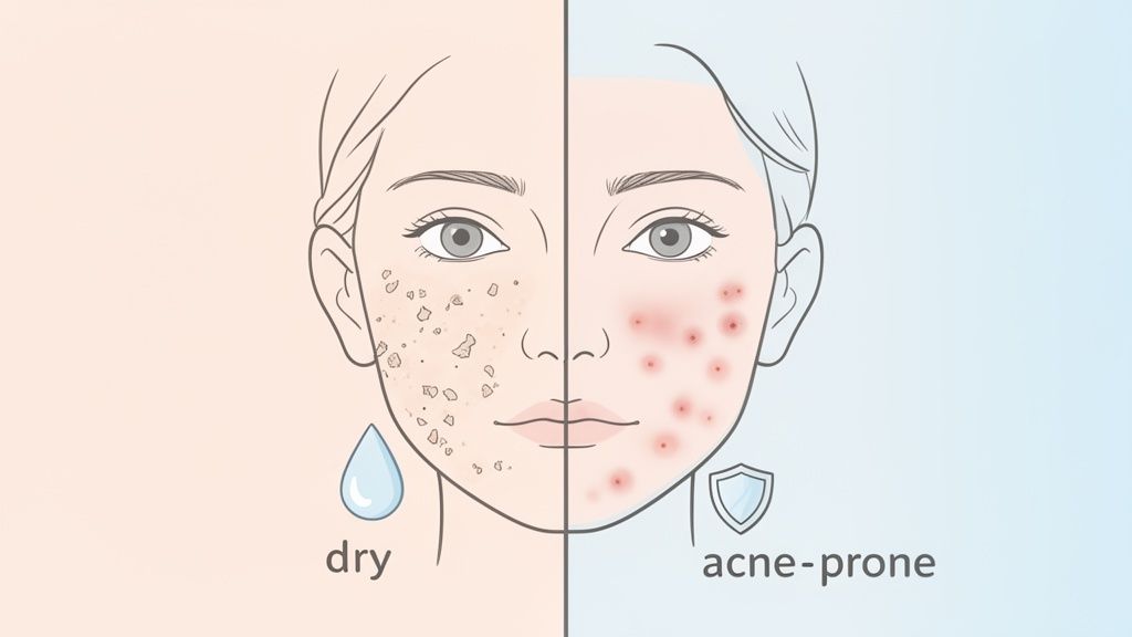 Illustration comparing two skin conditions: dry, flaky skin with a water drop, and acne-prone skin with red spots.