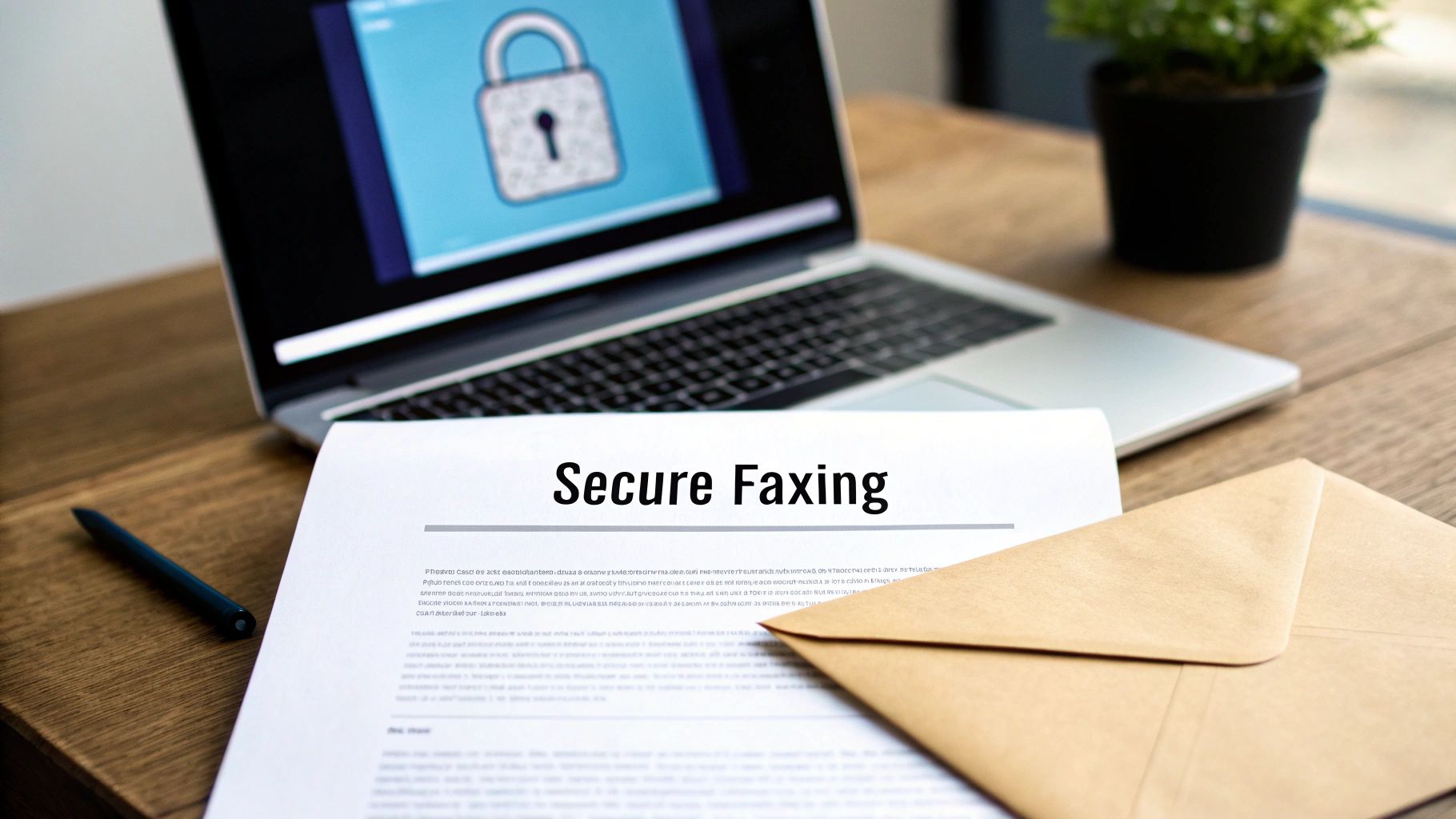 Laptop displaying a security padlock, a document titled 'Secure Faxing', a pen, and an envelope on a wooden desk.