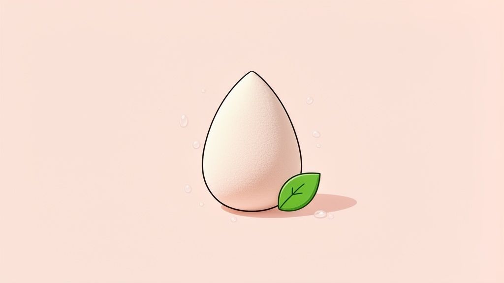 A soft, light pink beauty blender makeup sponge with a green leaf and water droplets on a pale background.
