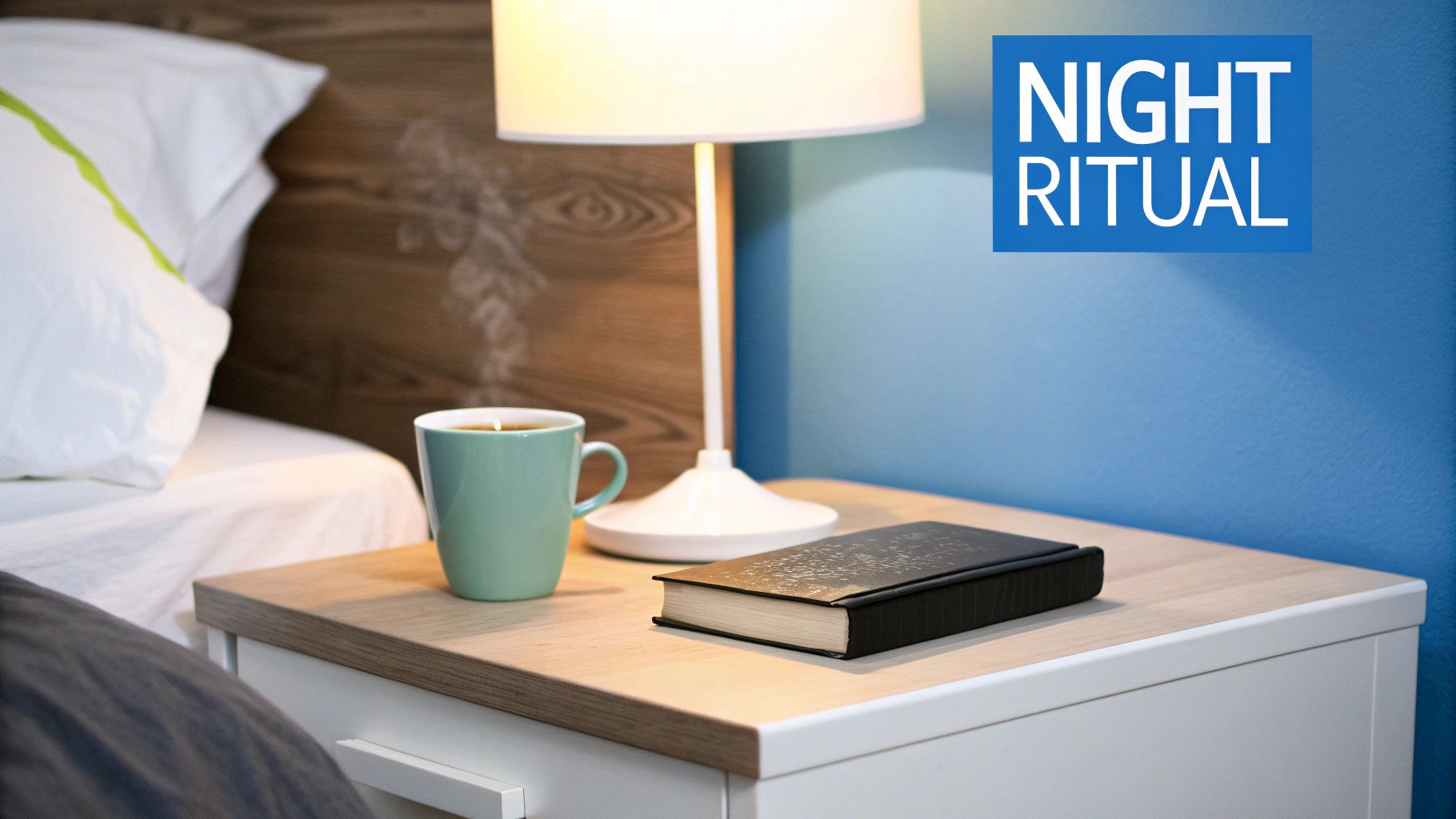 A bedside table with a steaming mug, book, and lamp, suggesting a night ritual for relaxation.