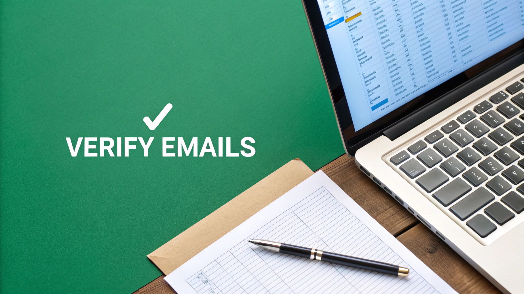 Overhead shot of a laptop displaying a spreadsheet, next to a pen and paper. Green background with 'VERIFY EMAILS' and a checkmark.