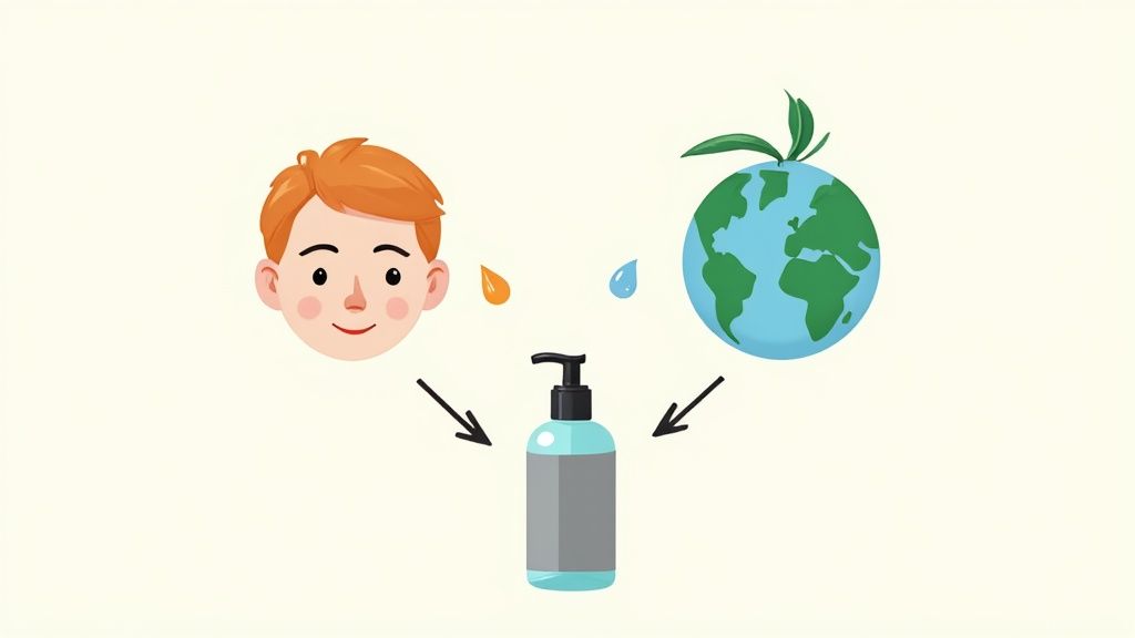 Illustration of a person's head and Earth pointing to a pump bottle, representing natural or eco-friendly cosmetics.
