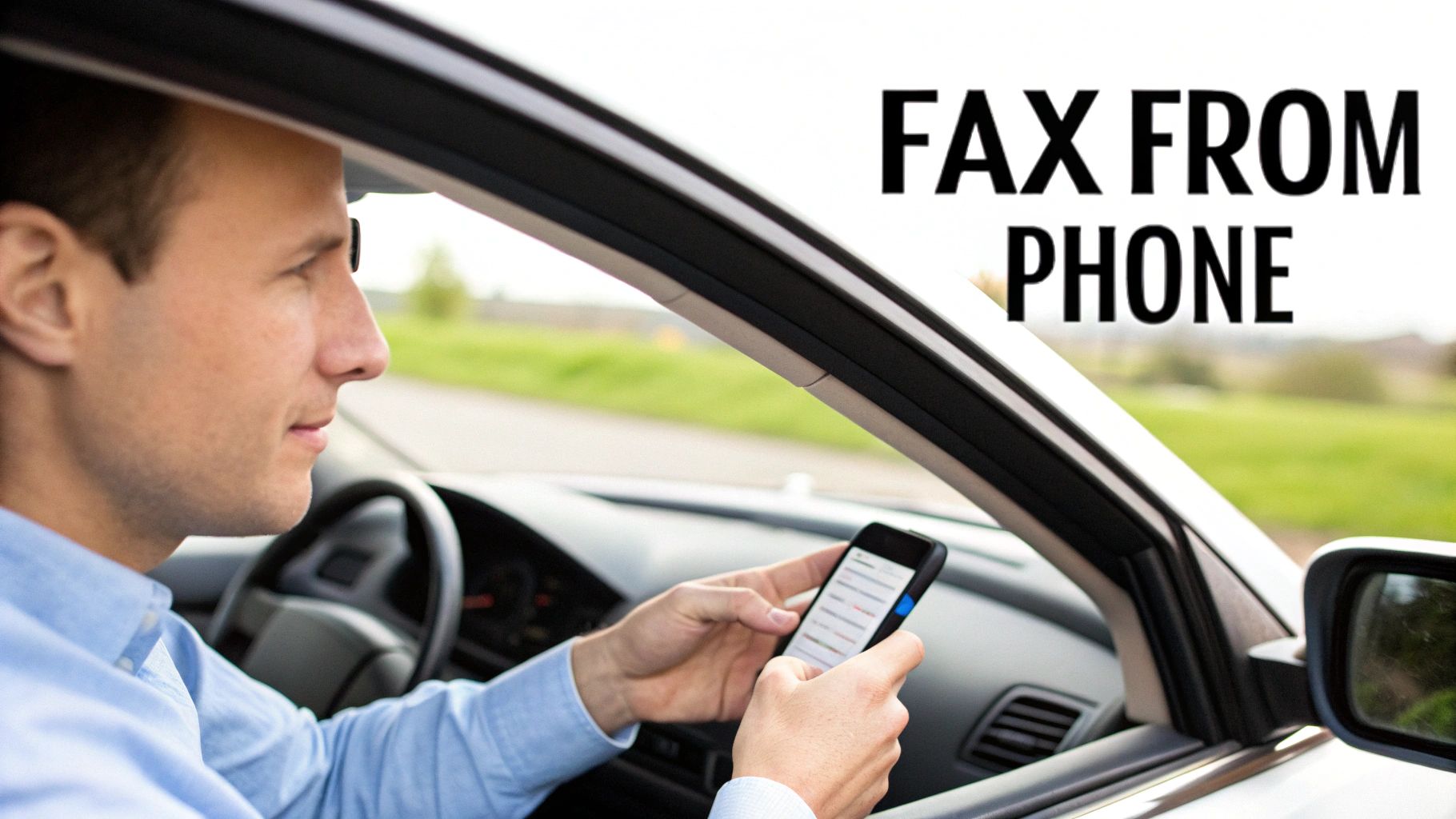 A man in a blue shirt sitting in a car, looking at and holding a smartphone, with the text 'FAX FROM PHONE' on the image.