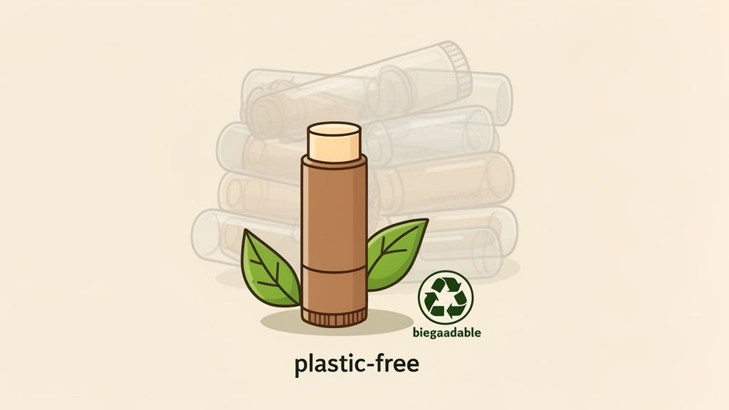 A brown, plastic-free, biodegradable lip balm tube with green leaves and a recycling symbol.