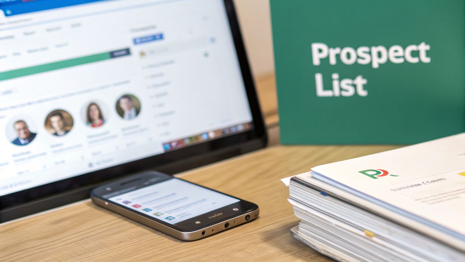 A desk setup featuring a laptop with client profiles, a smartphone, and a 'Prospect List' sign.