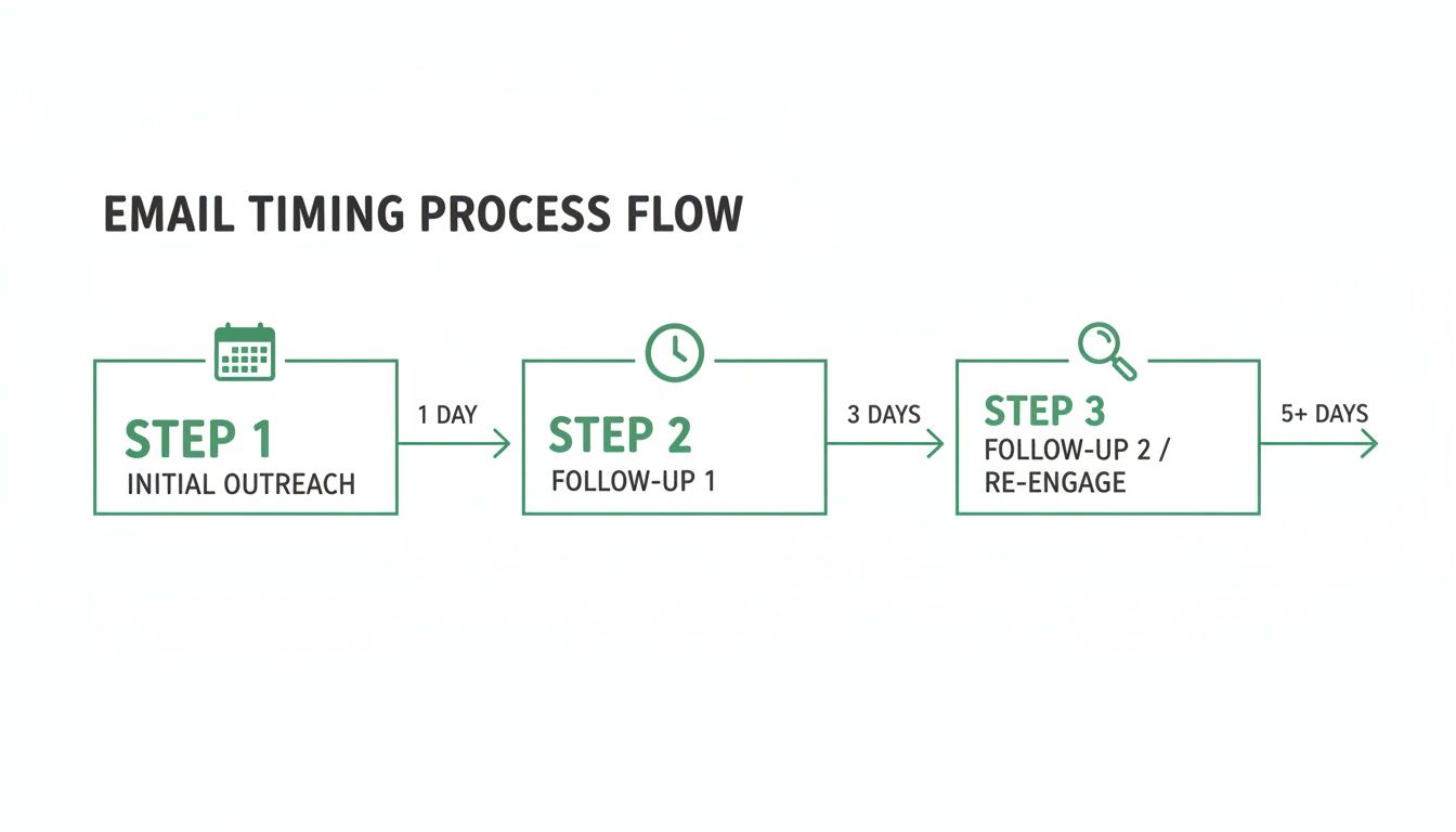 Email timing process flow with three steps: initial outreach, follow-up 1 after 1 day, and follow-up 2 after 3 days.