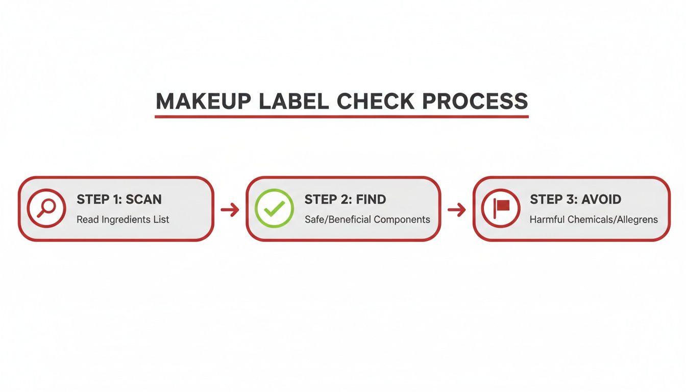 Flowchart outlining a 3-step process to check makeup labels: scan ingredients, find safe components, and avoid harmful chemicals.