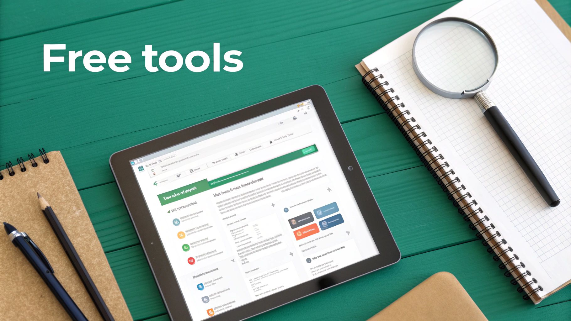 A flat lay of free tools including a tablet, notebooks, a pen, a pencil, and a magnifying glass on a green table.