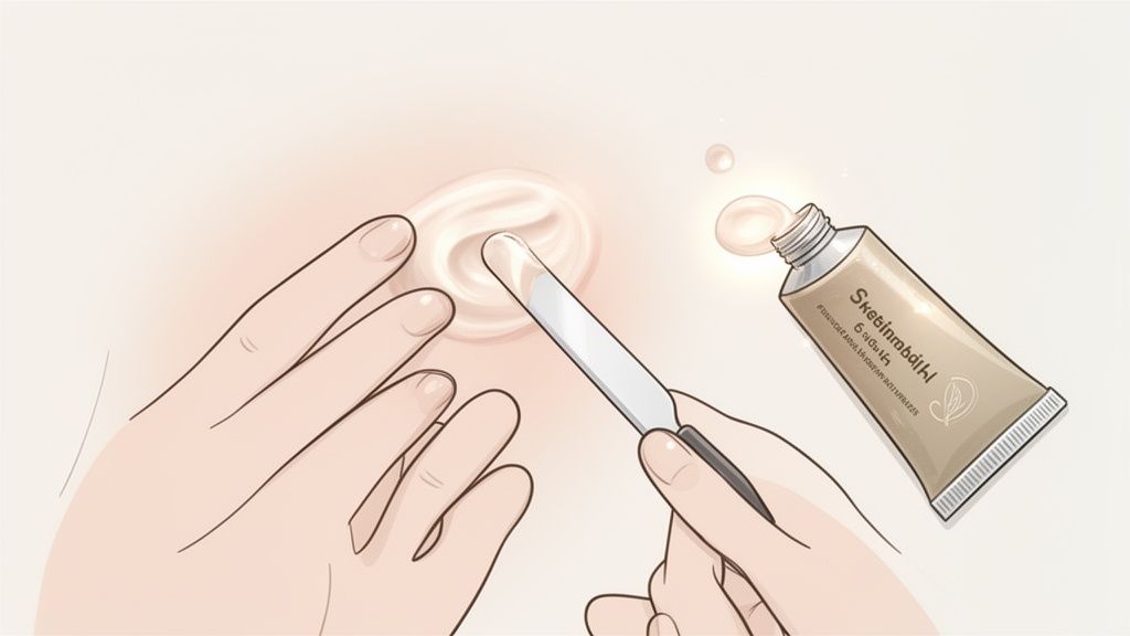 Hands applying cream to skin with a spatula, with a product tube, illustrating a skincare routine.