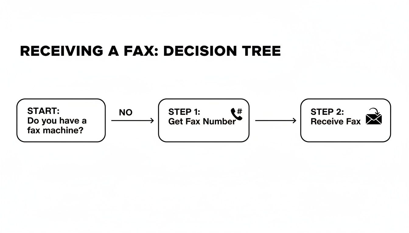A decision tree flowchart illustrating the steps to receive a fax without a machine.