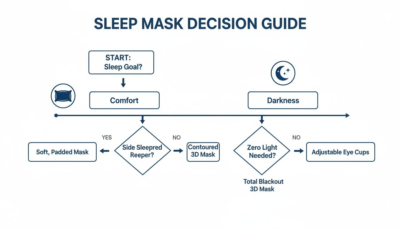 Flowchart for selecting the best sleep mask based on comfort needs or darkness preferences.