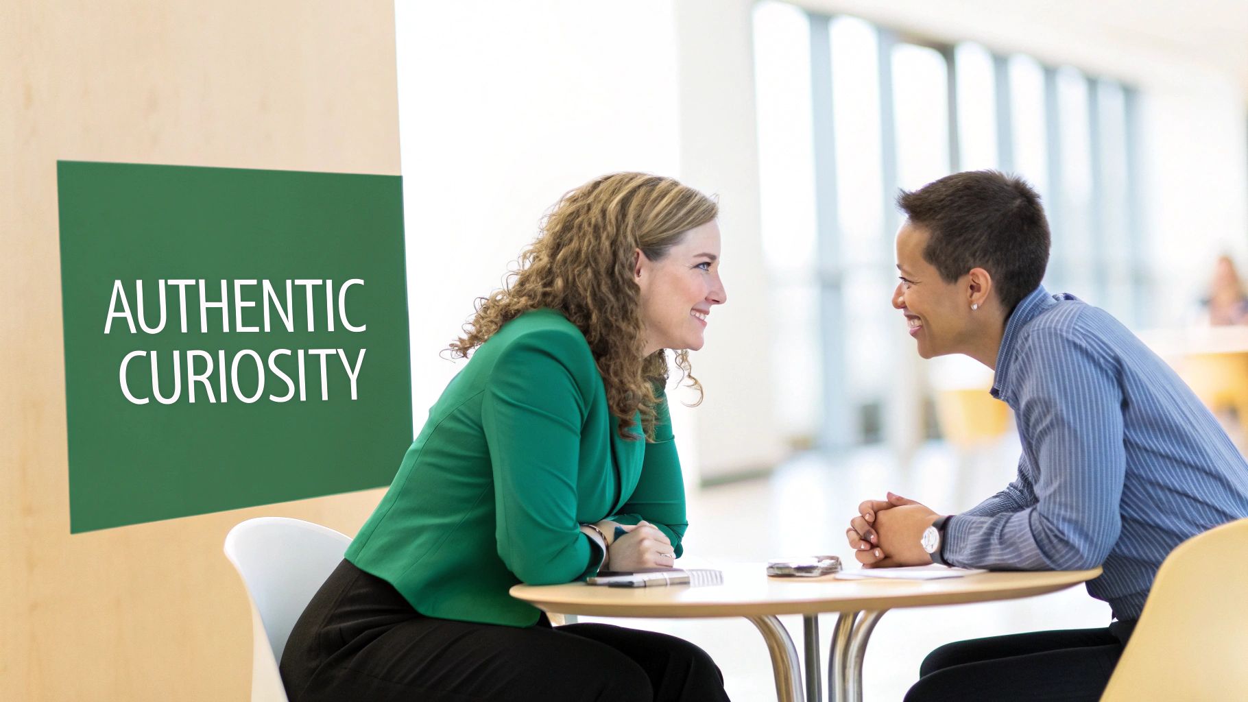 Two professional women smiling and conversing at a table, with an 'Authentic Curiosity' sign.