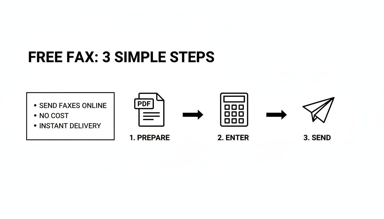A diagram illustrating three simple steps for sending a free fax online: prepare, enter, and send.