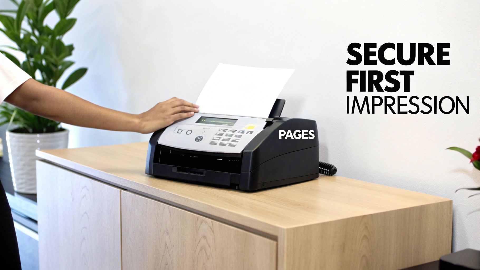 A person's hand feeds white paper into a black and gray fax machine on a light wooden cabinet.