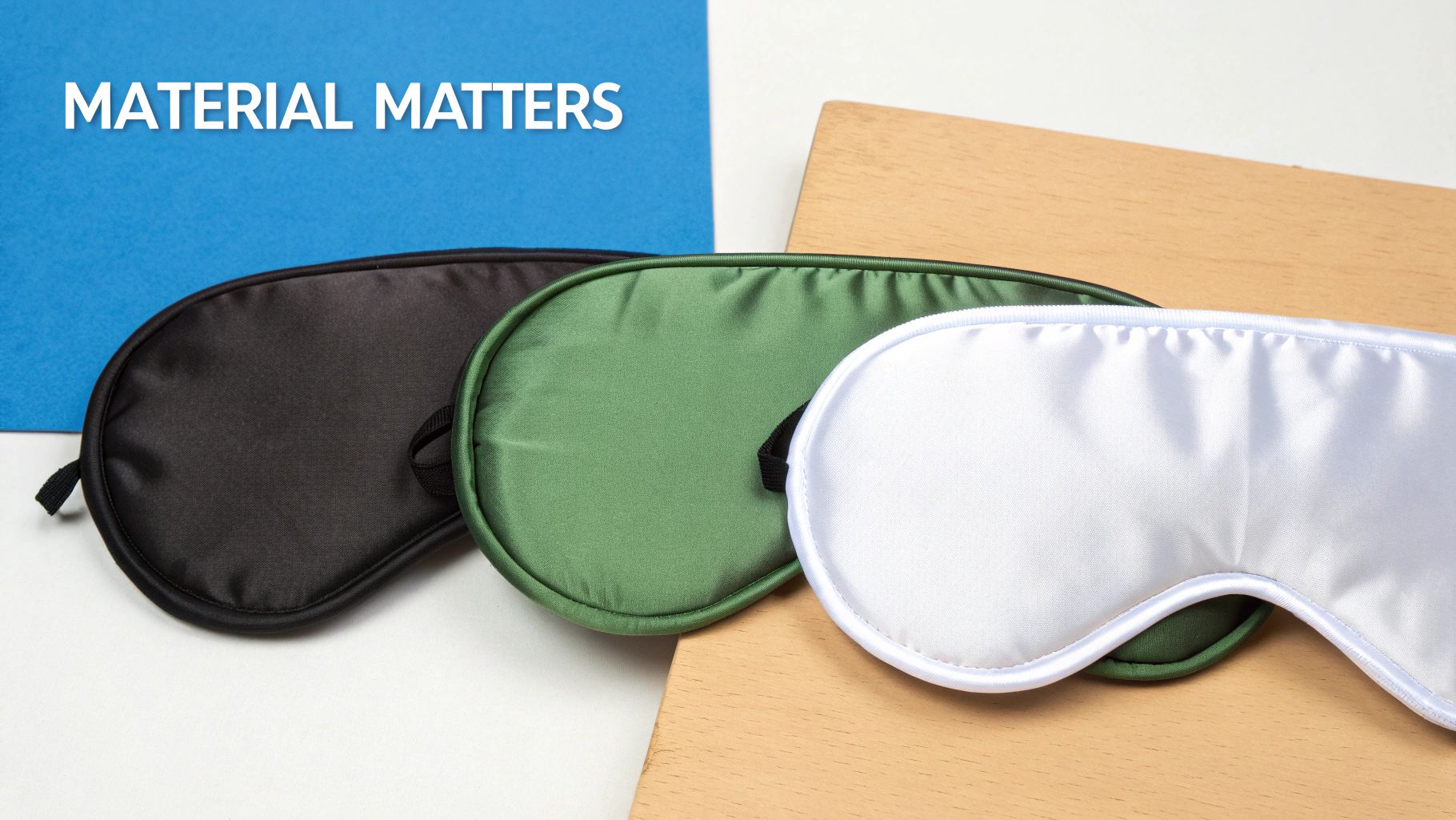 A selection of sleep eye masks made from different materials like silk, cotton, and foam laid out neatly.
