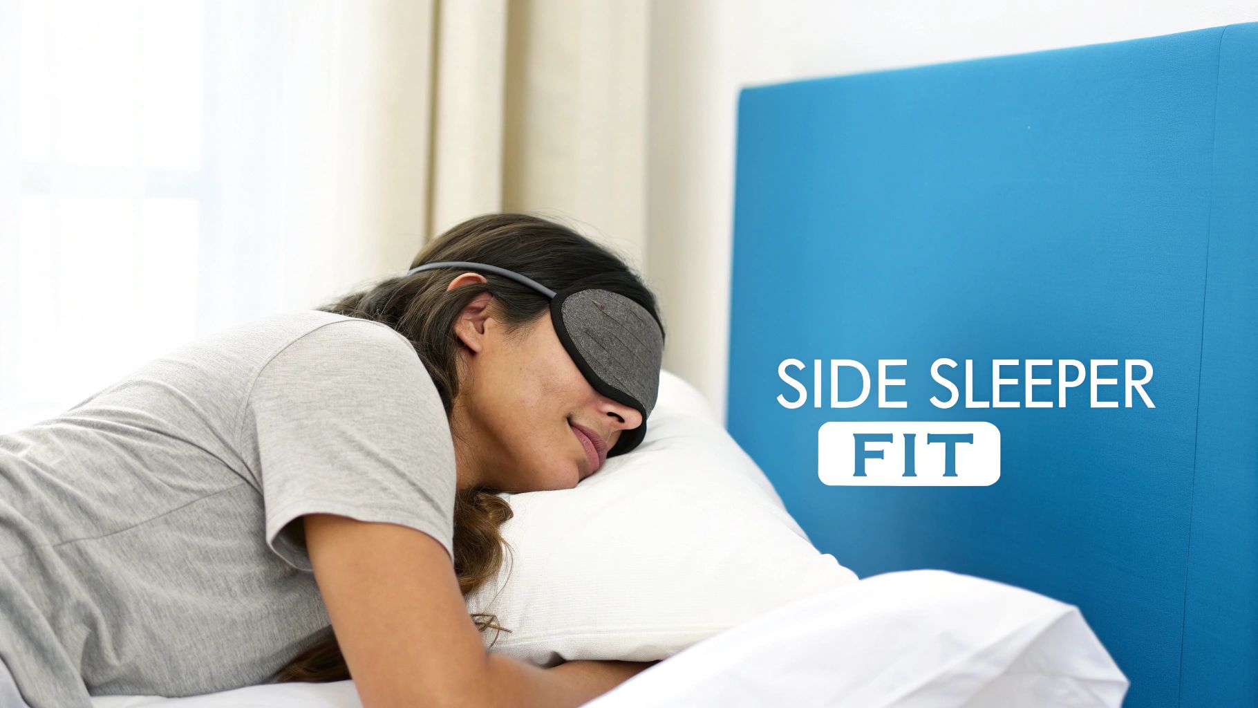 Woman sleeping on side wearing dark sleep mask on white pillow with blue headboard