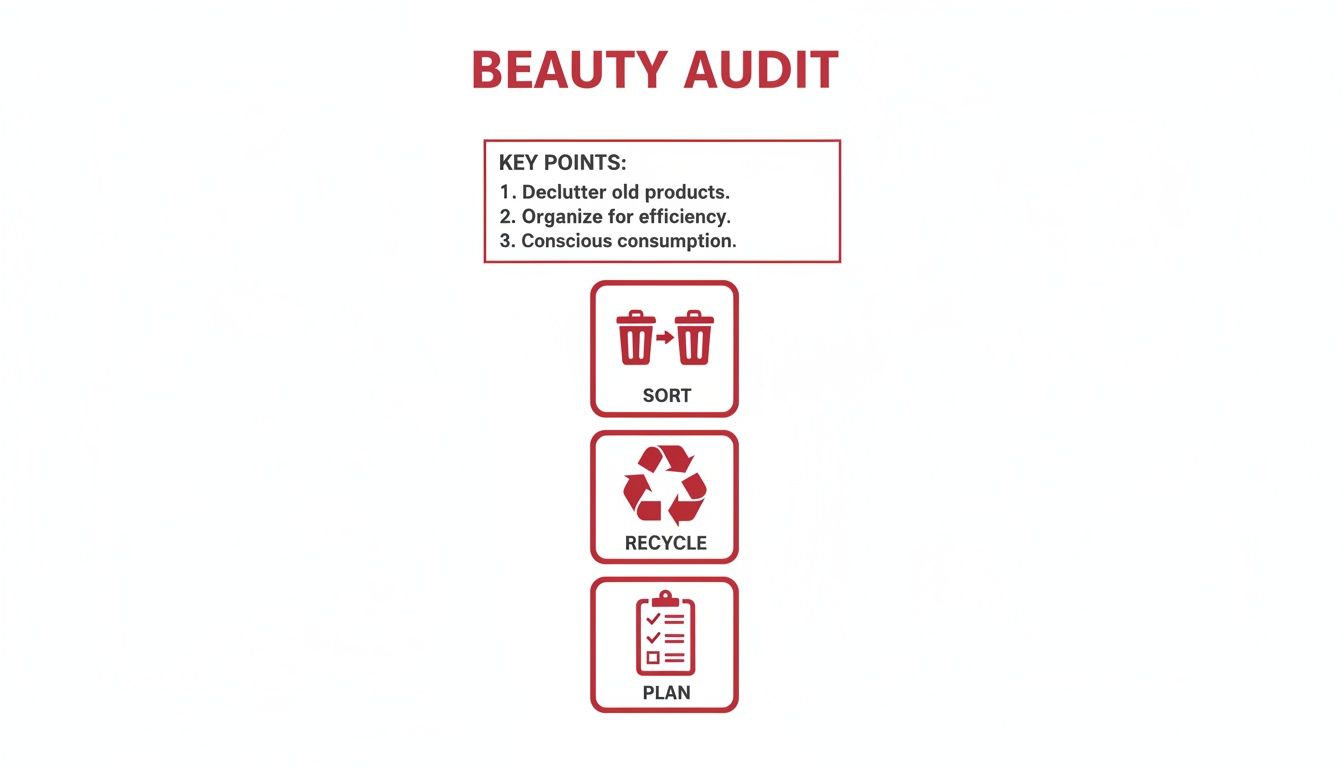 A 'Beauty Audit' slide with key points: declutter, organize, consume consciously, and steps: sort, recycle, plan.