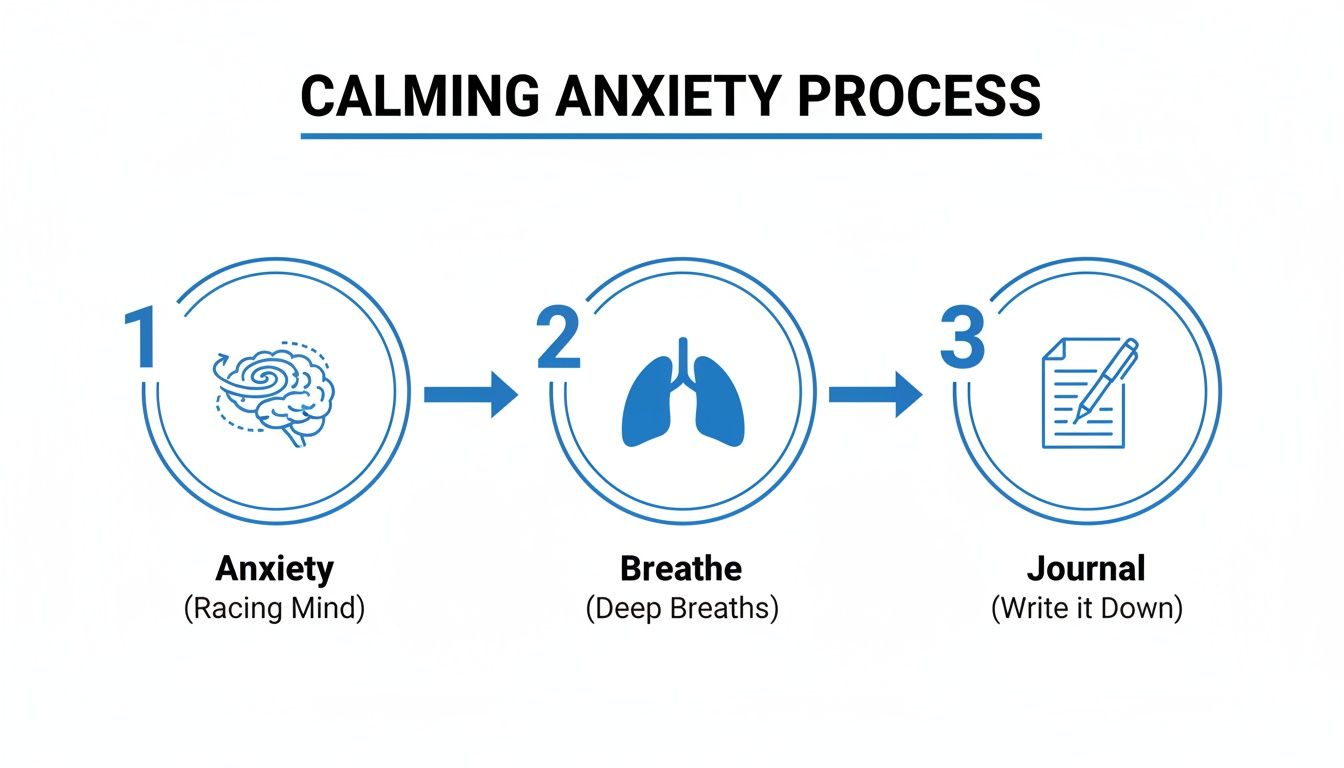 A three-step diagram illustrating the calming anxiety process: acknowledge anxiety, deep breaths, then journal.