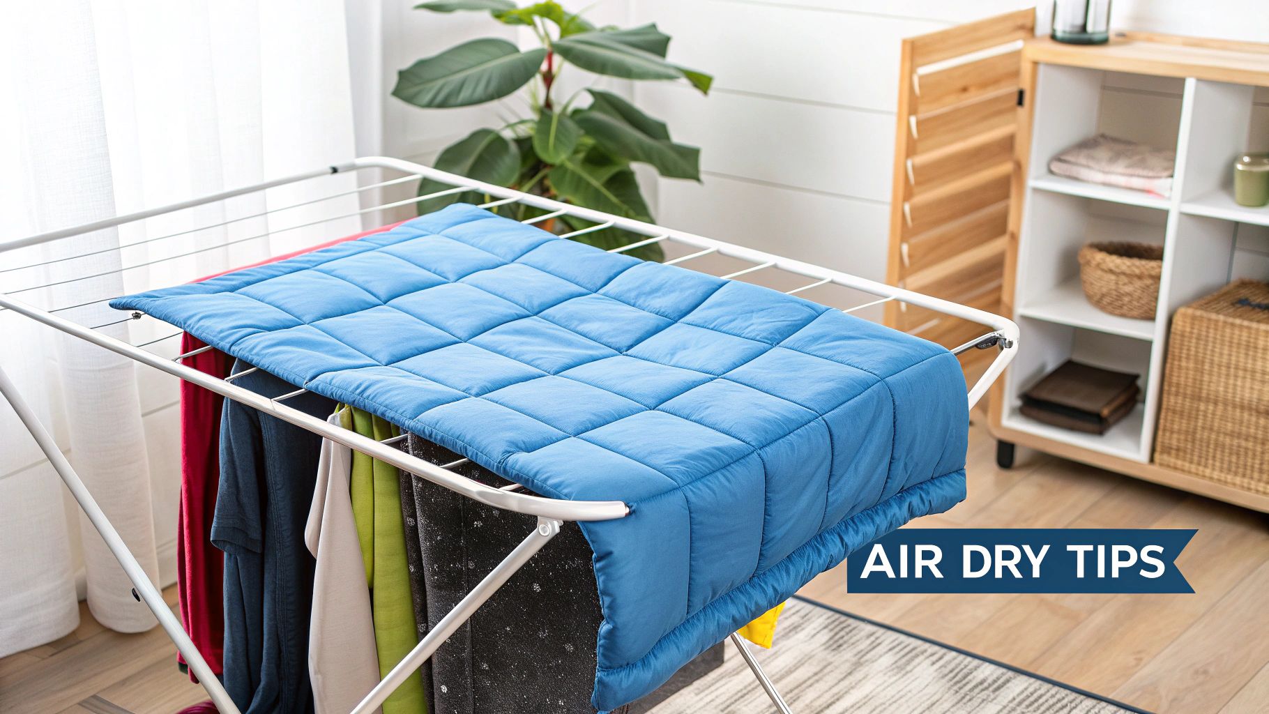 A neatly folded weighted blanket on a bed, suggesting proper care.