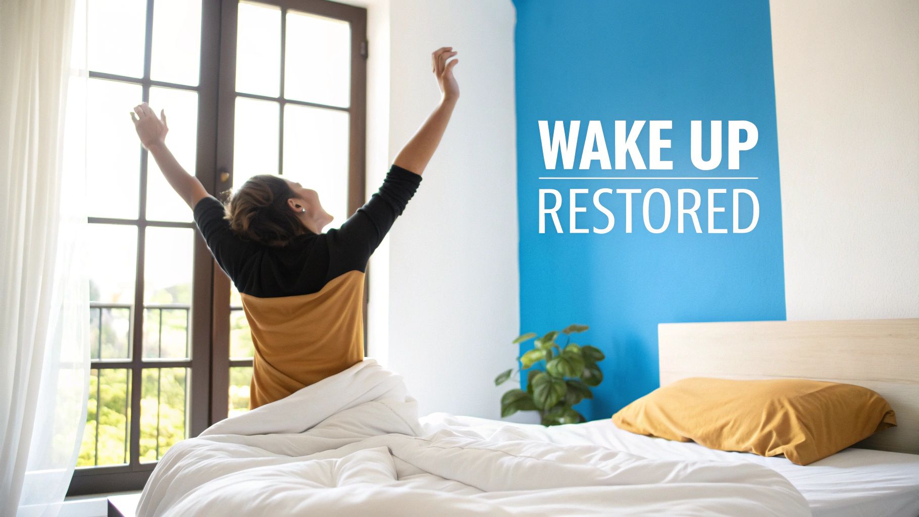 A person stretching and waking up in bed by a bright window, feeling restored.