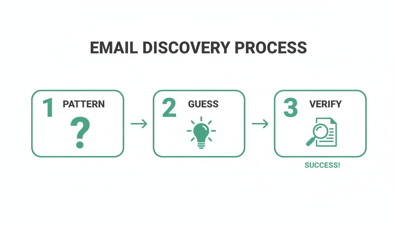 A three-step email discovery process flowchart showing pattern, guess, and verify stages leading to success.