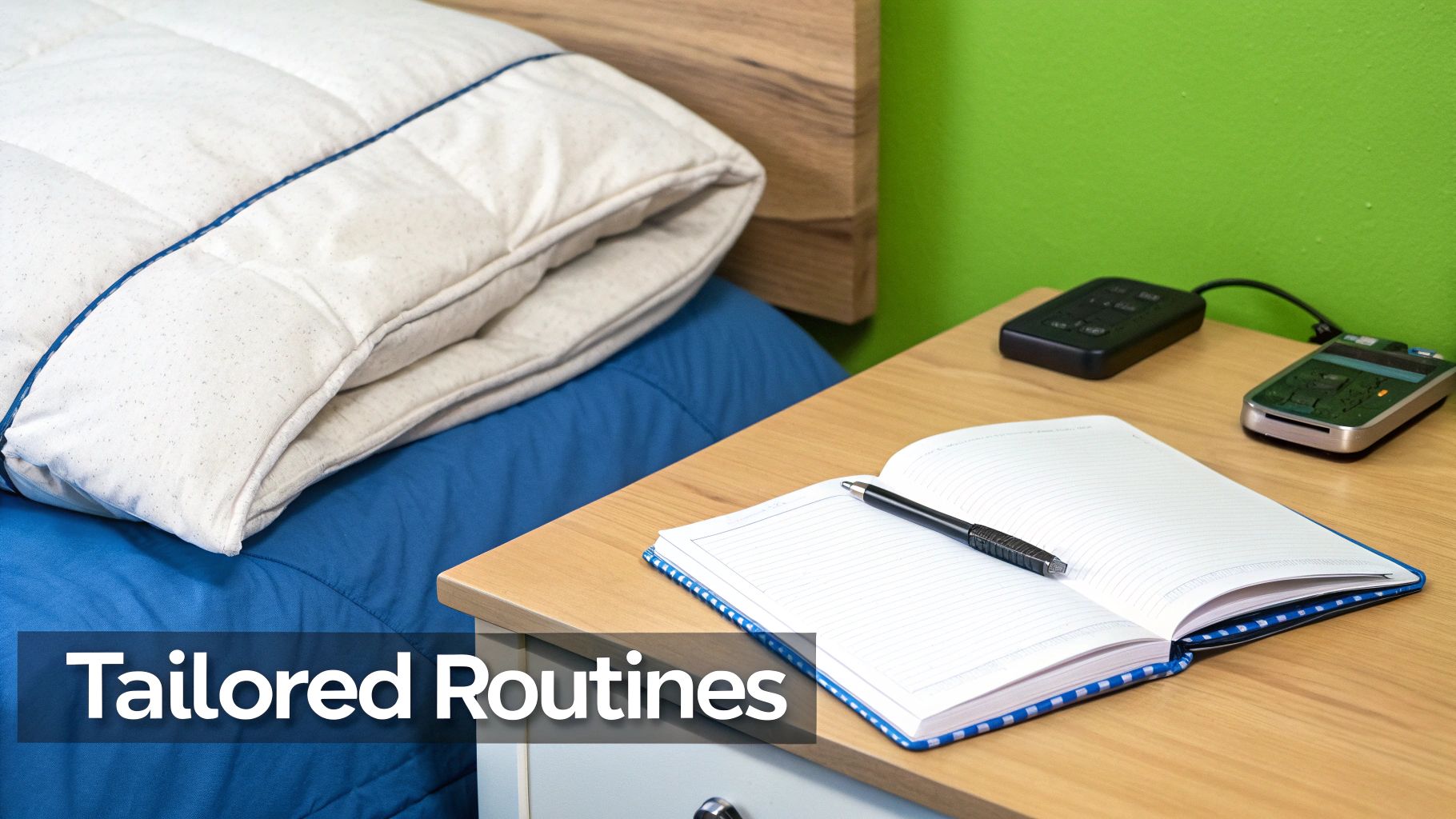 An organized bedside table with an open notebook, pen, and electronic gadgets next to a bed with a white comforter and blue sheets.