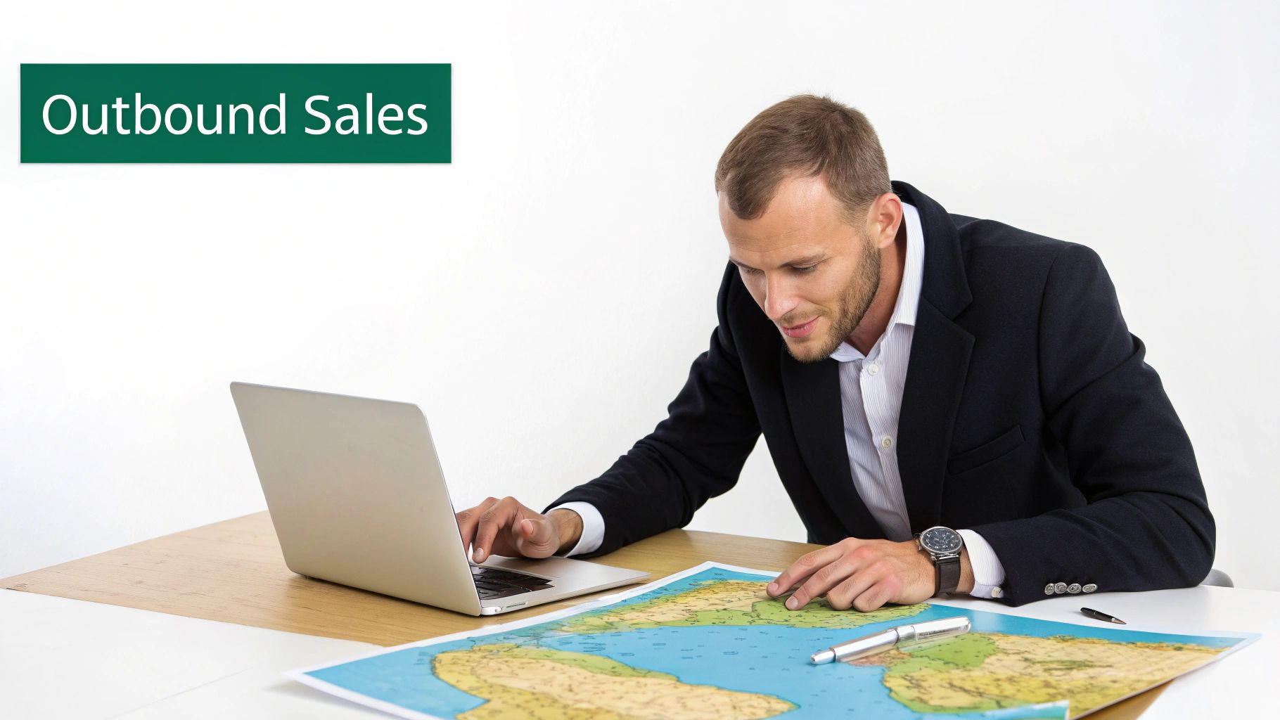 A man plans outbound sales strategy, looking at a map and using a laptop at his desk.