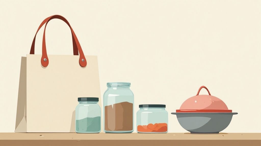 A canvas tote bag, three glass jars with contents, and a lidded pot on a wooden shelf.
