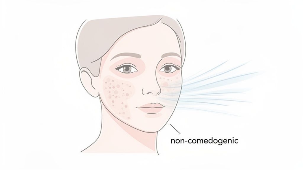 Illustration of a woman's face, showing one side with acne and the other side clear, labeled "non-comedogenic."