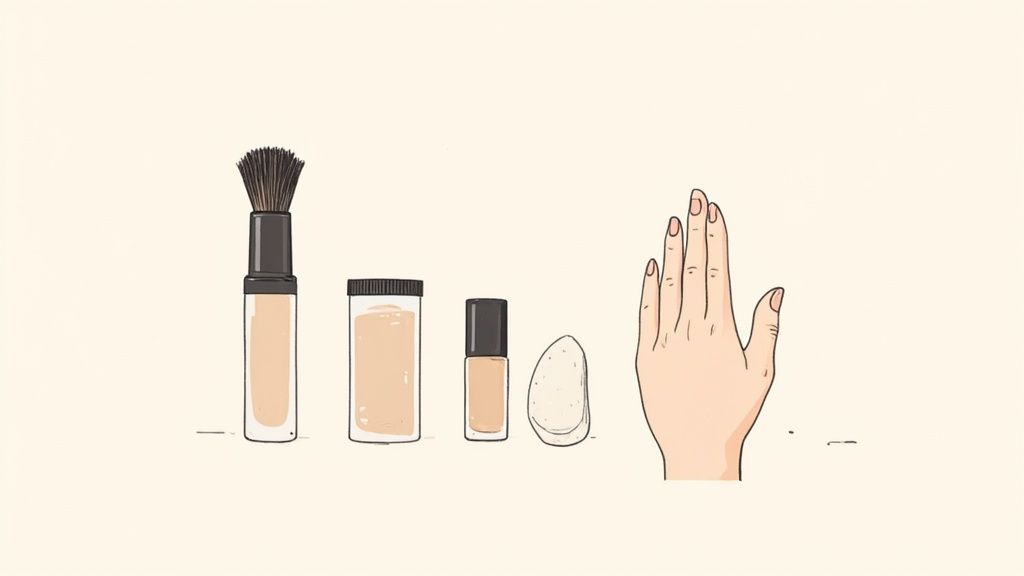 A collection of makeup foundation bottles, brushes, and sponges arranged on a clean background