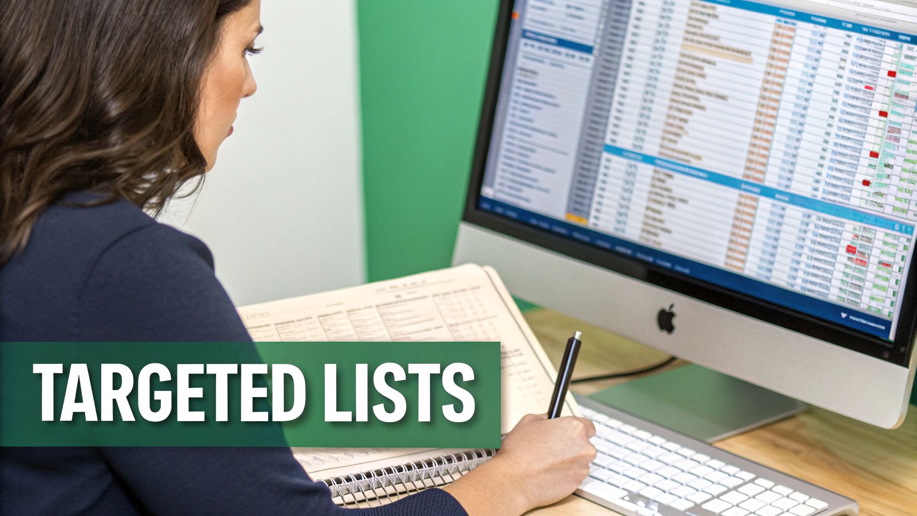 Businesswoman creating targeted lists using a computer and a pen to organize data.