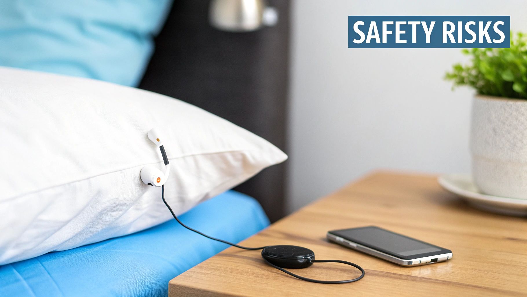 A person sleeping on their side with earbuds in, looking uncomfortable.