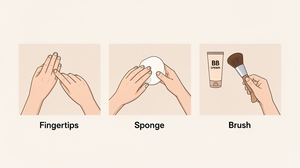 Three panels illustrating different makeup application methods: fingertips, a sponge, and a brush with BB cream.