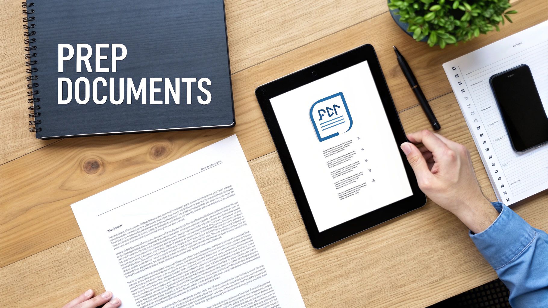 Overhead shot of a person preparing documents on a wooden desk with a tablet and notebook.