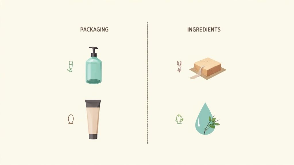 Sustainable cosmetics illustration with recyclable packaging options and natural plant-based ingredients.
