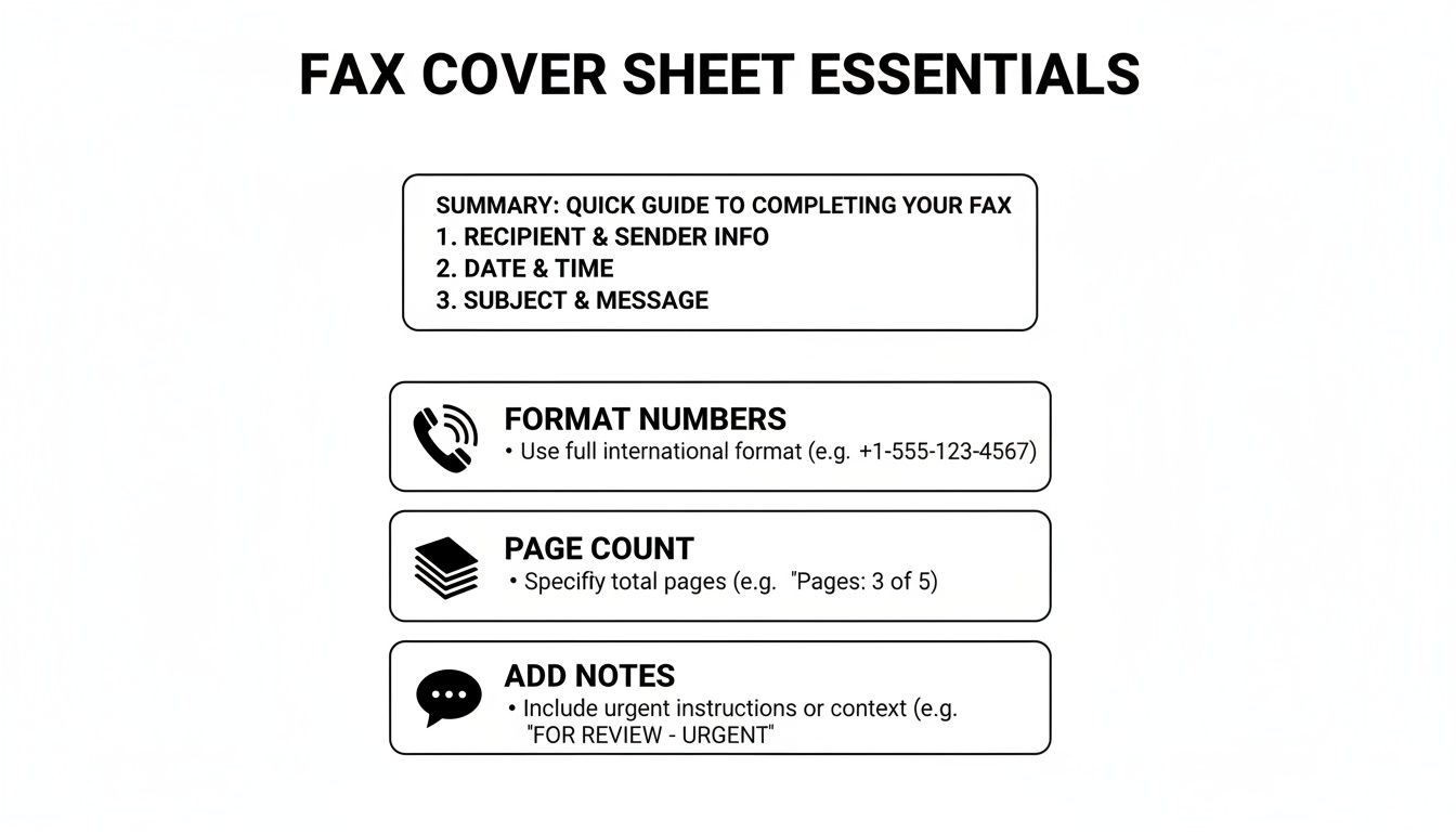 A guide to fax cover sheet essentials, including summary, formatting, page count, and notes.