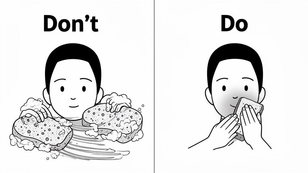 A 'Don't' and 'Do' comparison shows scrubbing face harshly with sponges versus gently dabbing.
