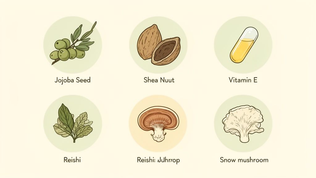Six icons illustrating natural skincare ingredients: jojoba seed, shea nut, vitamin E, reishi, and snow mushroom.