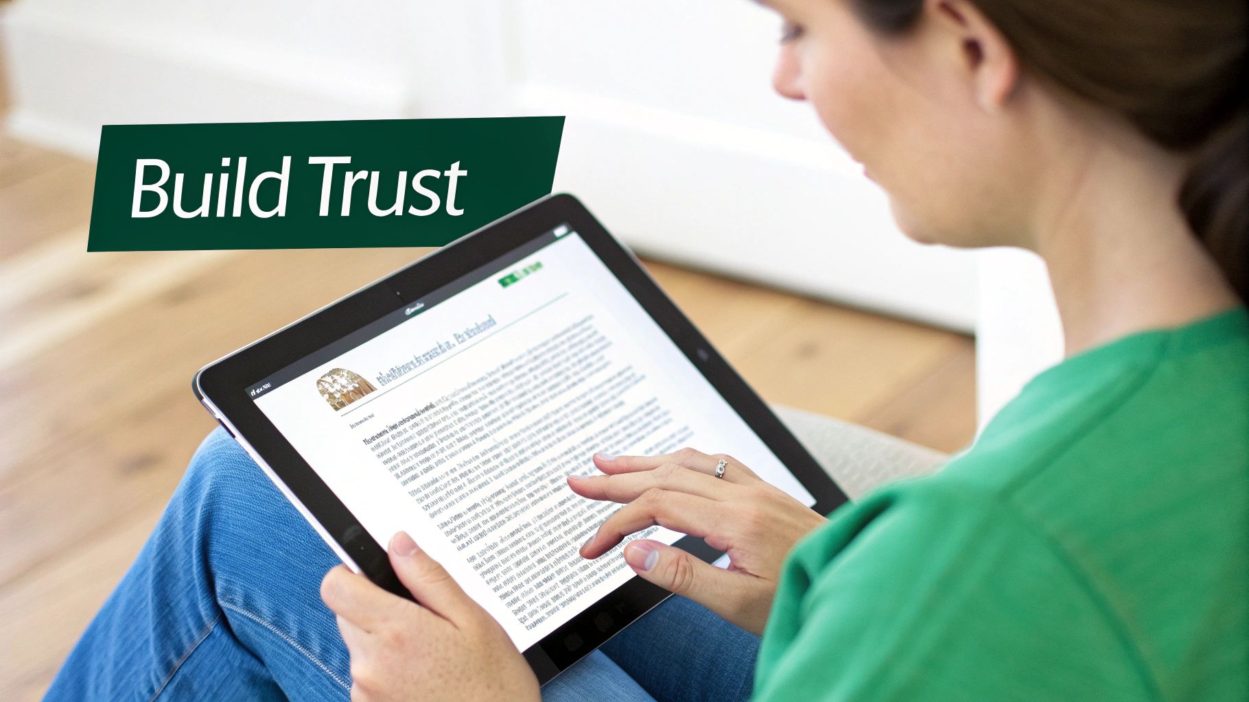 Close-up of a person in a green shirt reading an article on a tablet with a 'Build Trust' banner.