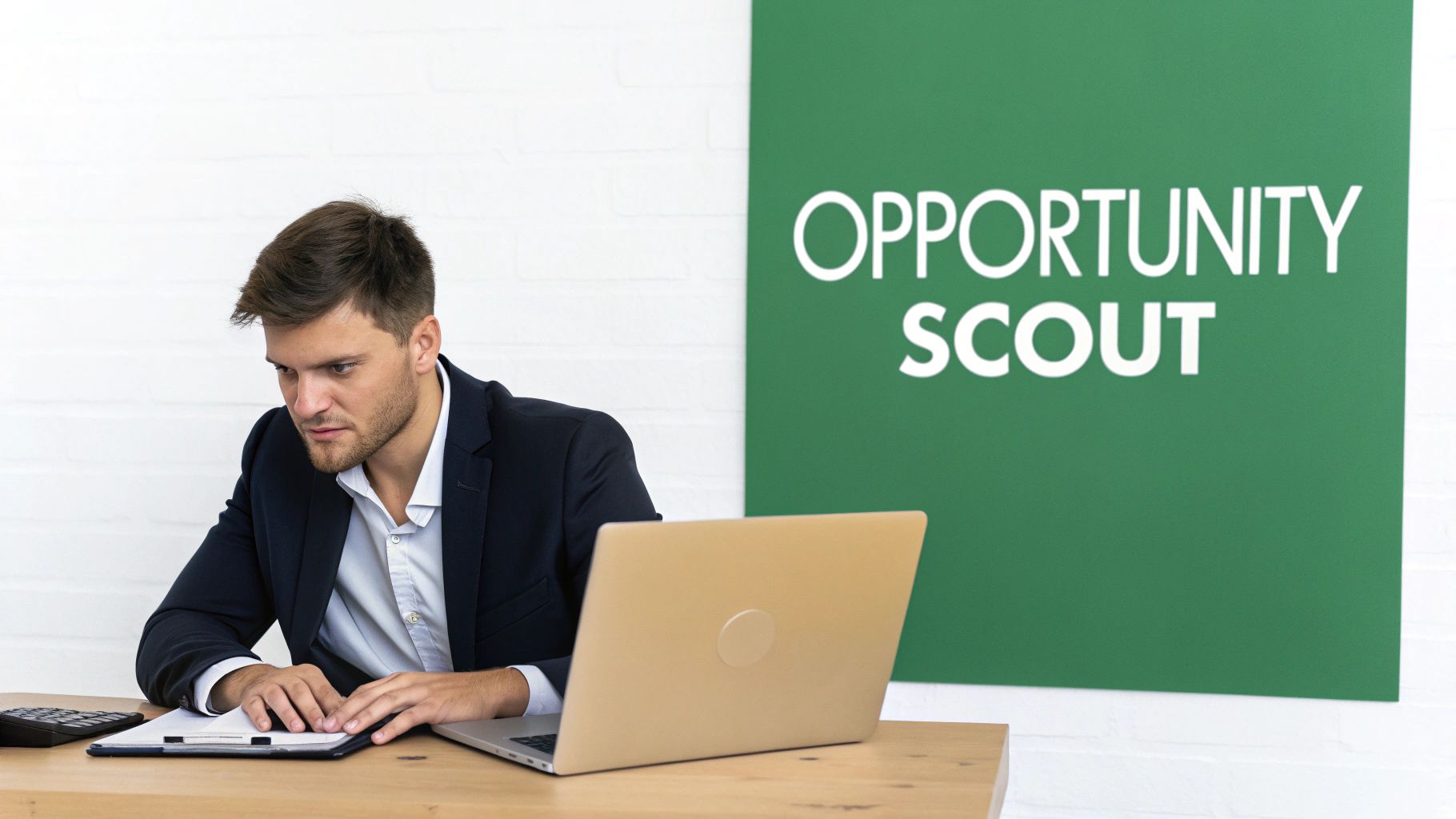 Young man in a suit working at a desk with a laptop and a green 'Opportunity Scout' sign.